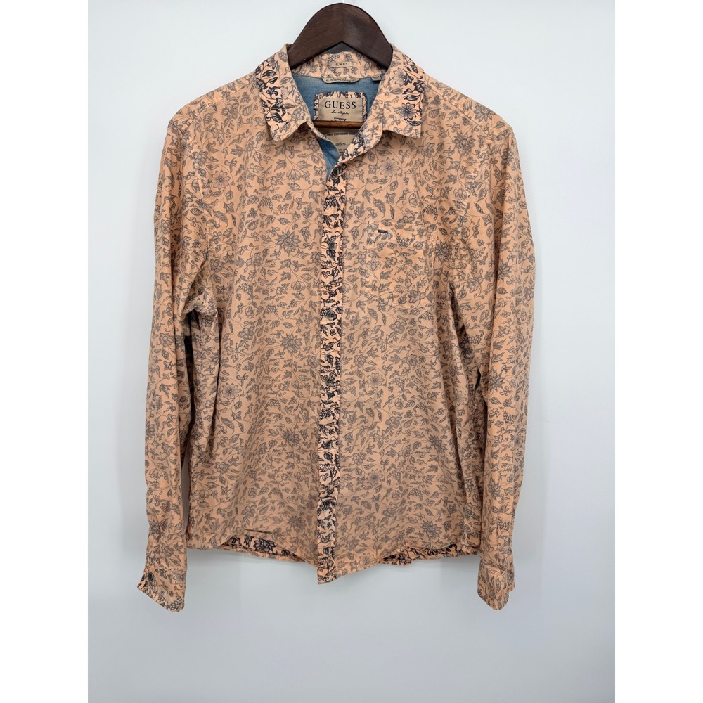 Guess Button Down Men Large Peach Floral Slim Fit Excellent Long Sleeve Shirt